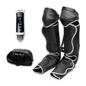 The Comfort360° Air Compression Half Leg Massager Boot in black is shown with its remote control displaying massage programs and a black carrying bag, all branded “Bodi-Tek,” arranged together on a white background.