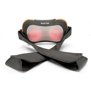 The Neck, Shoulder & Body Shiatsu Massager features black fabric straps, a mesh front panel, and red glowing lights. It is shown on a white background.