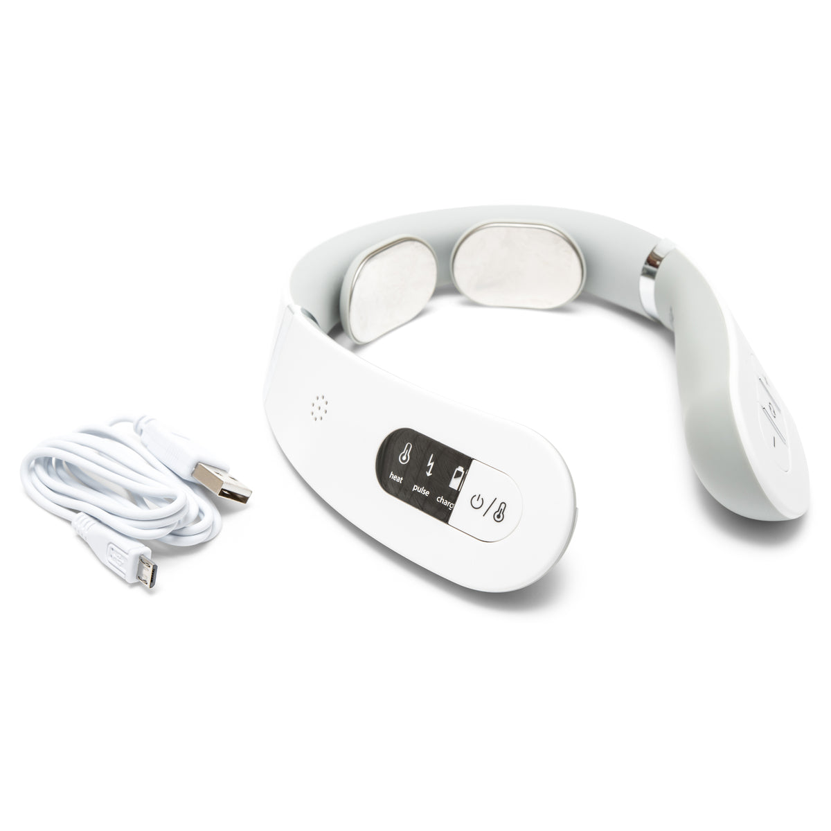 The Neck & Shoulder Massager is a white device with control buttons and metal contact pads for electrical muscle stimulation, shown with a USB charging cable on a plain white background.