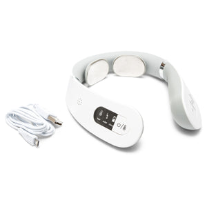 The Neck & Shoulder Massager is a white device with control buttons and metal contact pads for electrical muscle stimulation, shown with a USB charging cable on a plain white background.