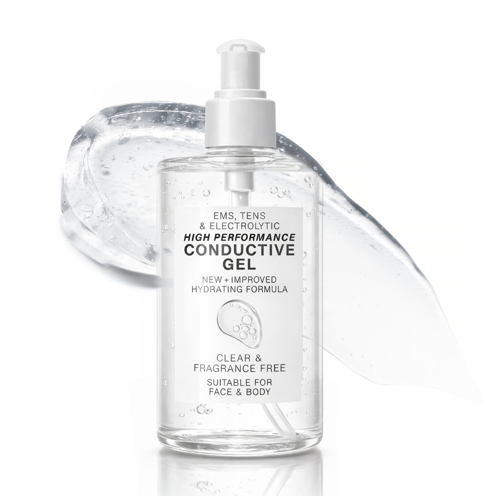 A clear pump bottle labeled "EMS, TENS, Electrolytic and Micro-Current Toning Conductive Gel - 250ml" stands before a smear of transparent gel. The label notes it's for EMS, TENS, micro-current use, clear, fragrance-free, and suitable for face and body.