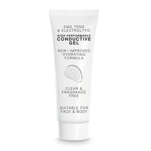 A white tube labeled "EMS, TENS & Micro-Current Toning Conductive Gel 85ml." Clear, fragrance free, hydrating formula for face & body. Ideal for EMS, TENS or micro-current use. Tube shows gel droplet illustration.