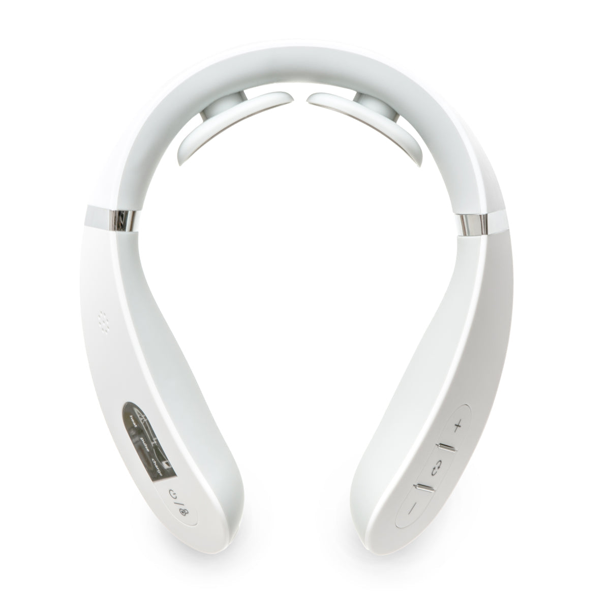 The Neck & Shoulder Massager is a white, U-shaped device with control buttons and a display screen, worn around the neck for relaxation, pain relief, and soothing heat.
