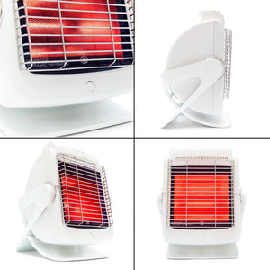The Infrared Heat Lamp is displayed from four angles—front, side, close-up, and angled view. Featuring a glowing red interior, white body, and protective front grille, its ideal for promoting blood circulation.