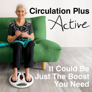 An older woman sits on a green sofa, smiling and knitting, her feet on a white Circulation Plus Active Lower Leg & Foot Exerciser (2025). In bold: Circulation Plus Active—It Could Be Just The Boost You Need.