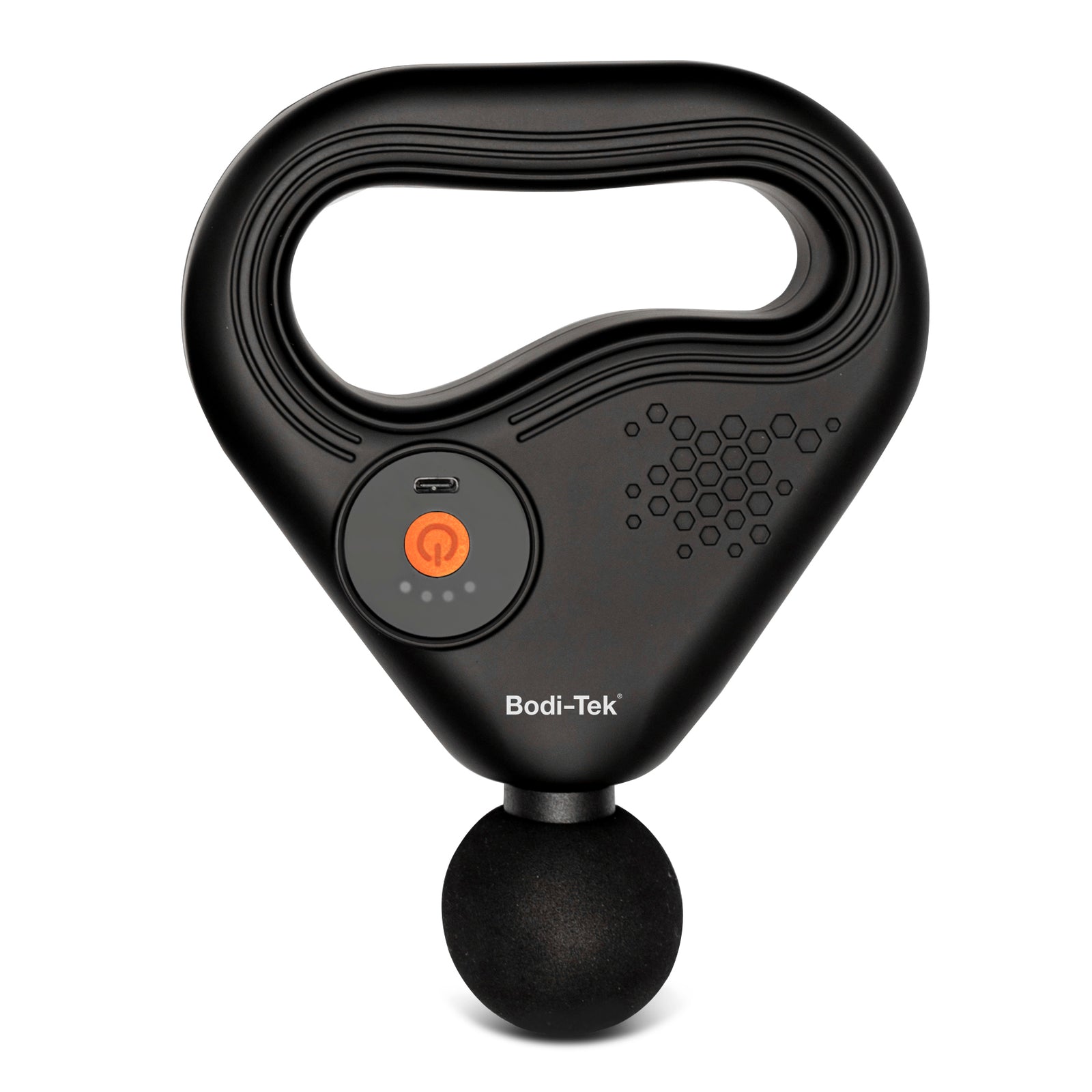 The SPORTS PERCUSSION MASSAGE GUN WITH LATERAL ACTION BELT is a black handheld massager with a triangular handle, round massage ball for muscle recovery, power button, USB charging port, and Bodi-Tek branding on the front.