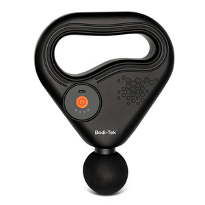 The SPORTS PERCUSSION MASSAGE GUN WITH LATERAL ACTION BELT is a black handheld massager with a triangular handle, round massage ball for muscle recovery, power button, USB charging port, and Bodi-Tek branding on the front.