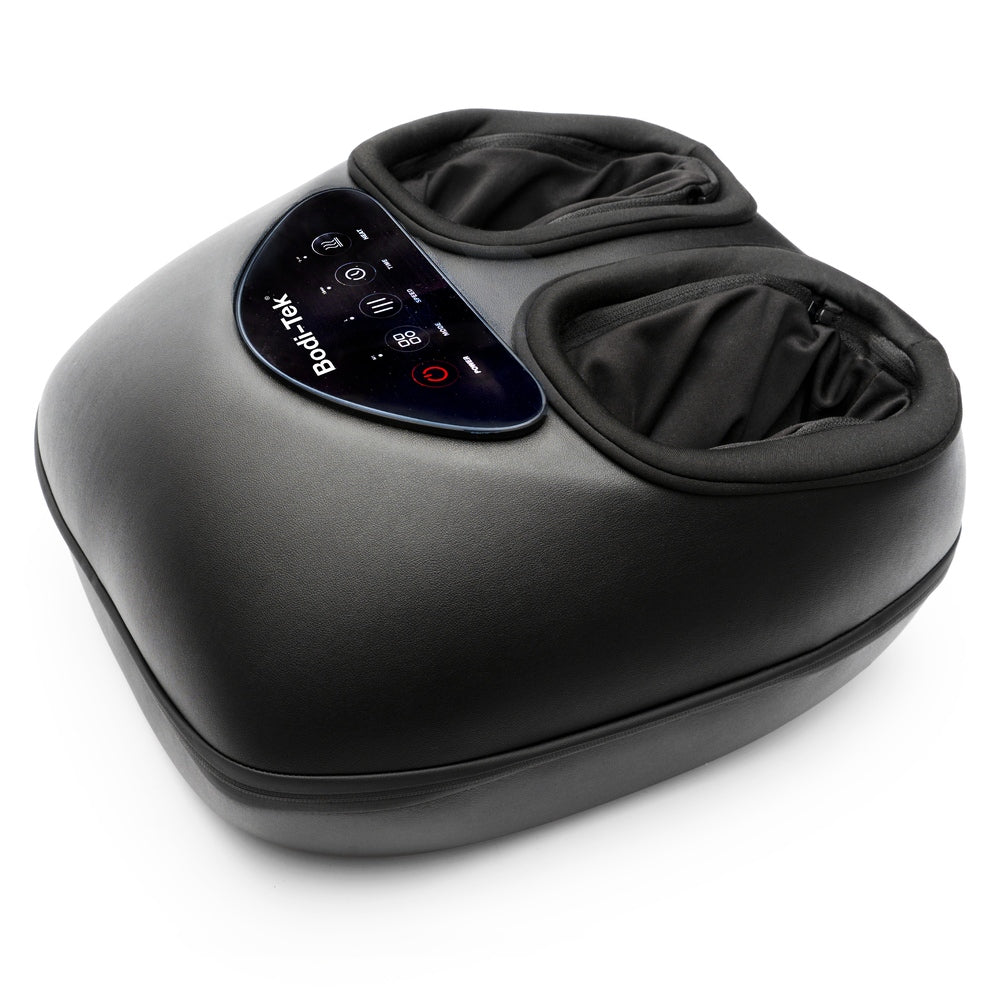 The Foot-Therapy 3 in 1 Massager is a black device with two foot openings and a touch control panel displaying buttons and its brand name, delivering soothing shiatsu massage to help improve circulation.