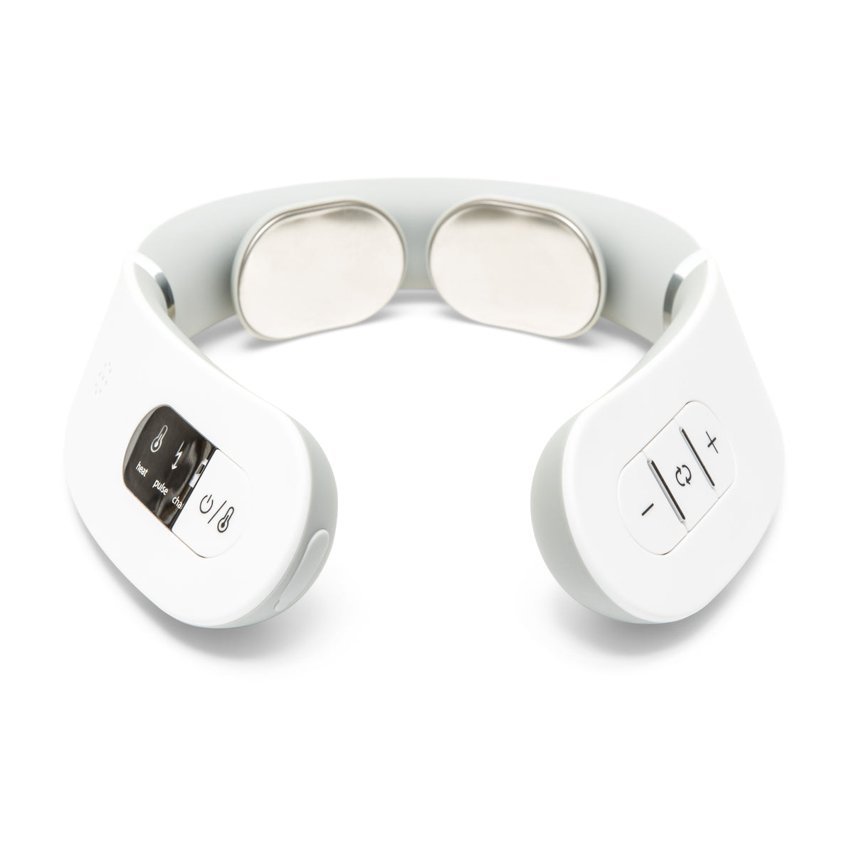 The Neck & Shoulder Massager is a white device with metal contact pads, control buttons, and an LED display, providing soothing heat and electrical muscle stimulation for targeted neck relief.