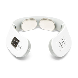 The Neck & Shoulder Massager is a white device with metal contact pads, control buttons, and an LED display, providing soothing heat and electrical muscle stimulation for targeted neck relief.