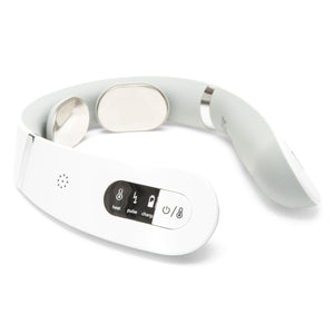 The Neck & Shoulder Massager is a white electronic device with metal contact pads and a display panel featuring heat, pulse, charge, and power buttons. Experience soothing heat and electrical muscle stimulation for relaxing comfort.