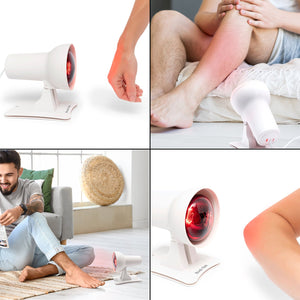 A collage showcases a person using the Infrared Heat Lamp with a shatterproof bulb on their arm and leg for muscle and joint relief, featuring close-ups of the lamp and red skin areas.