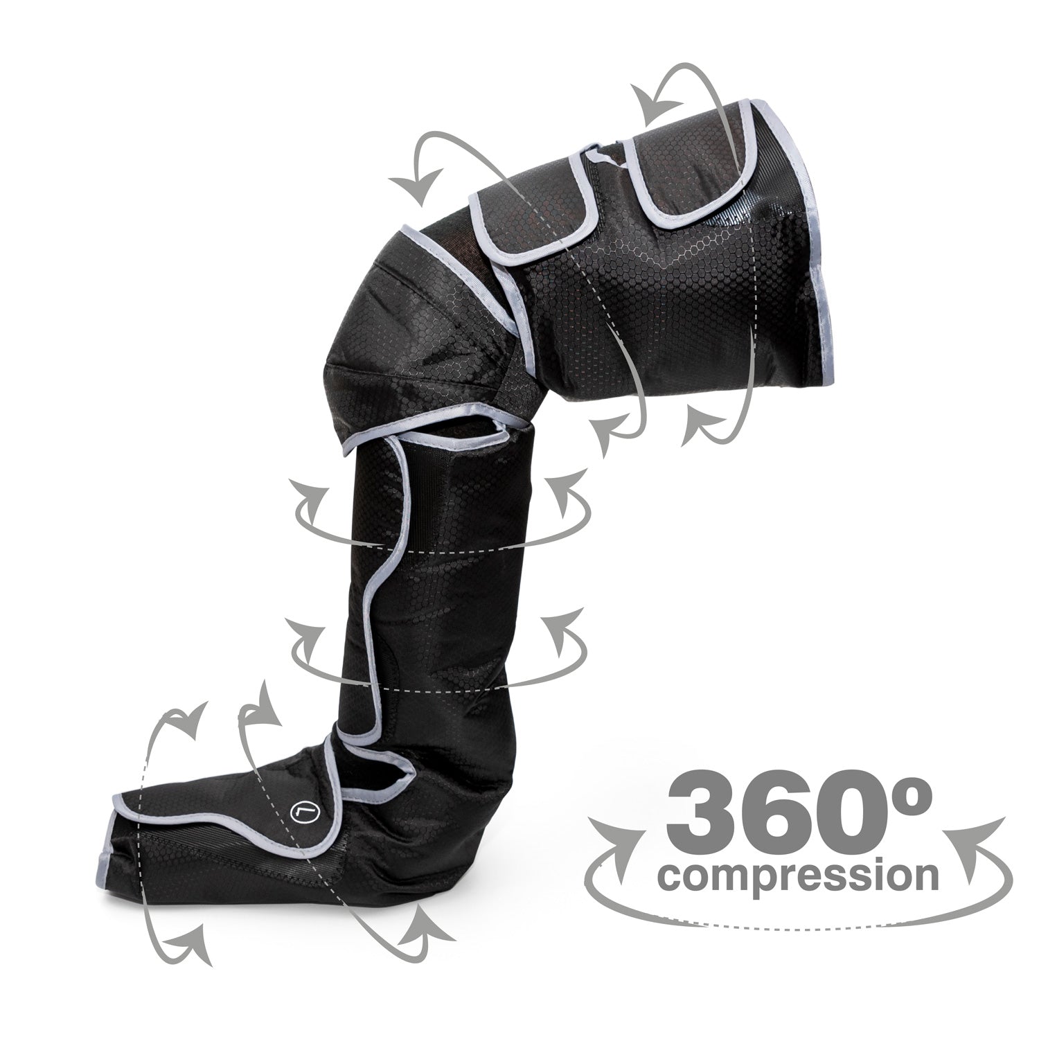 The Comfort360° Air Compression Full Leg Massager Boot in black wraps around a bent leg, with arrows showing air pressure flow and 360° compression text emphasizing complete leg coverage.