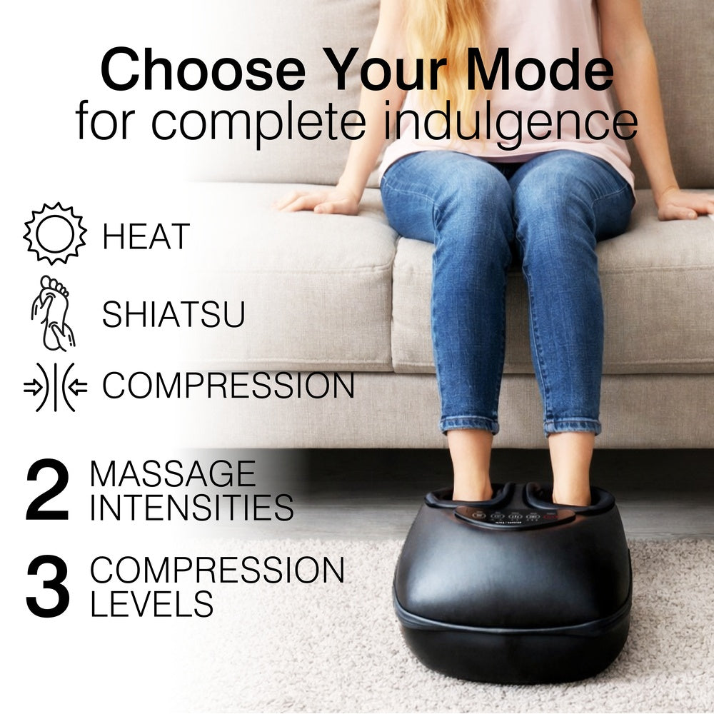 A woman relaxes on a couch using the Foot-Therapy 3 in 1 Massager, enjoying heat, shiatsu massage, compression, two intensity settings, and three compression levels that enhance circulation and offer total indulgence.