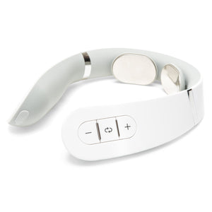 The Neck & Shoulder Massager is a white electronic device with silver contact pads and three side buttons (minus, power, plus). It provides soothing heat to enhance relaxation.