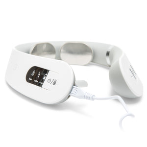 The Neck & Shoulder Massager is a white personal device with metal contact pads, control buttons, and a wired connection, designed for relaxation and electrical muscle stimulation.
