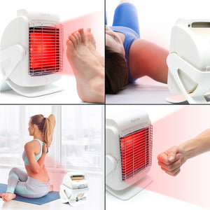 A collage shows the Infrared Heat Lamp emitting a red glow as different people use it on their foot, shoulder, lower back, and hand to promote blood circulation in each targeted area.