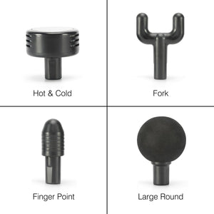 The Hot & Cold Deep Tissue Massager Gun includes four labeled attachments: Hot & Cold (vented cylinder), Fork (Y-shaped), Finger Point (tapered tip), and Large Round (ball-shaped) for muscle recovery.