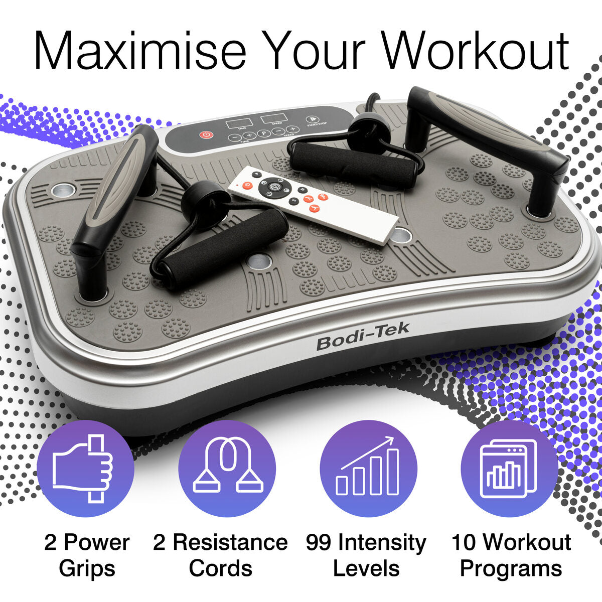 The Vibration Plate Exerciser Pro features 2 power grips, 2 resistance cords, 99 intensity levels, and 10 vibration exercise programs to help burn fat and tone muscle for a maximized workout.