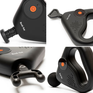 Collage of four close-up images showing different angles and attachments of the black SPORTS PERCUSSION MASSAGE GUN WITH LATERAL ACTION BELT, featuring orange power buttons and textured grips, ideal for muscle recovery.