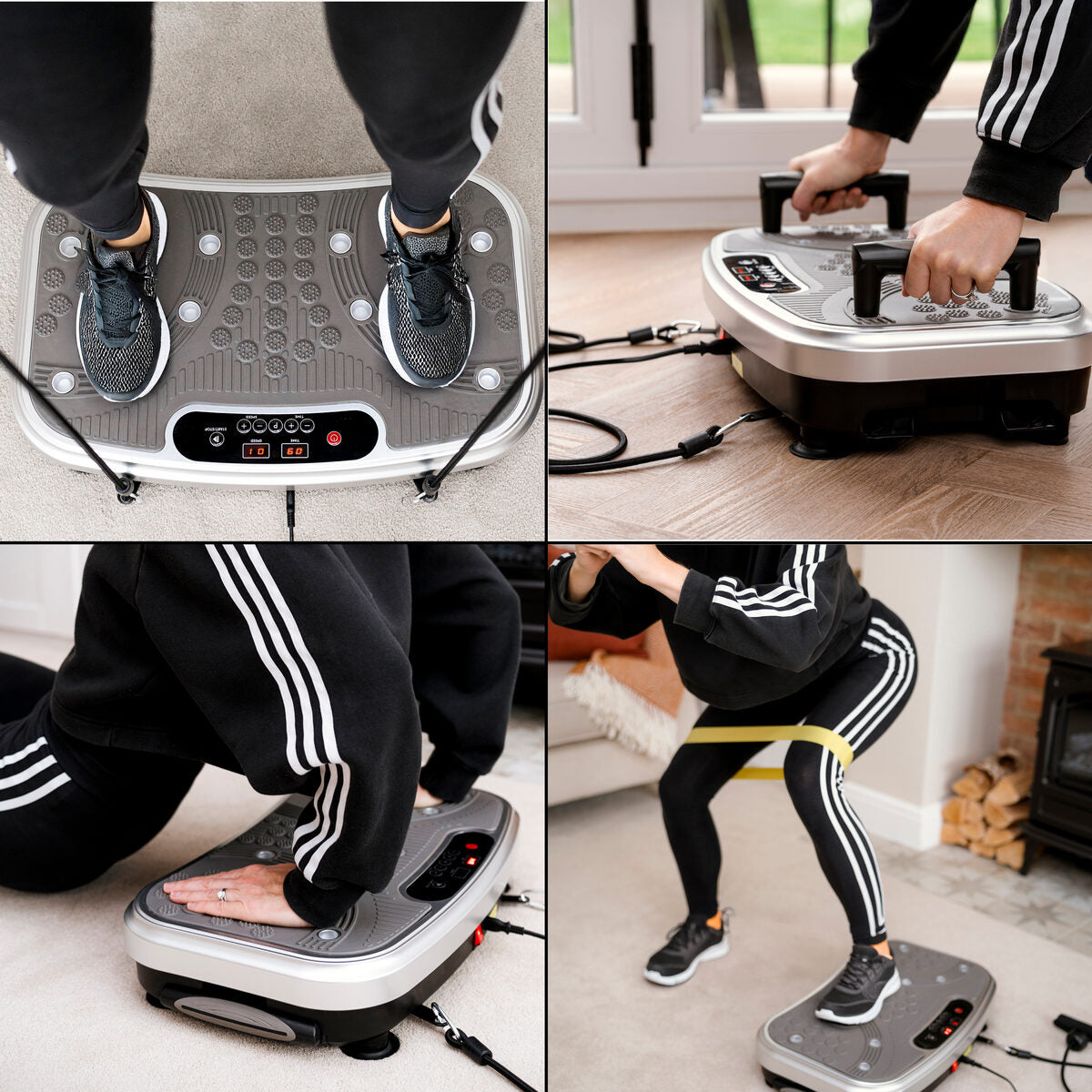 Wearing black athletic wear, a user performs exercises like standing, push-ups, and squats with a resistance band on the Vibration Plate Exerciser Pro, which features handles and a digital display to help burn fat and tone muscle.