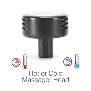 A black massager head attachment appears above red and blue thermometer icons, with the text “Hot or Cold Massager Head”—perfect for muscle recovery when using your Hot & Cold Deep Tissue Massager Gun.