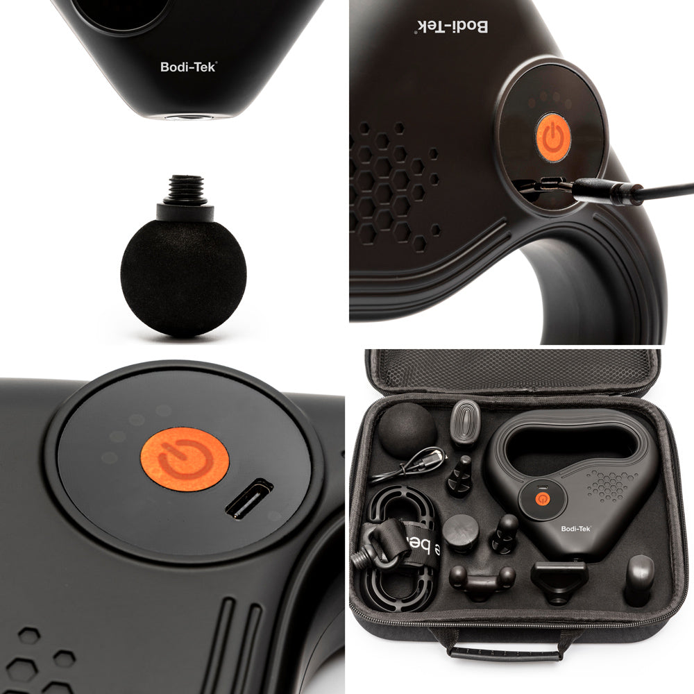 Collage featuring the SPORTS PERCUSSION MASSAGE GUN WITH LATERAL ACTION BELT—black device, close-up of power button, detachable massage heads, charging port, and open carrying case with neatly organized accessories for muscle recovery.