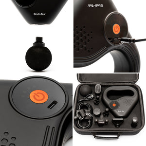 Collage featuring the SPORTS PERCUSSION MASSAGE GUN WITH LATERAL ACTION BELT—black device, close-up of power button, detachable massage heads, charging port, and open carrying case with neatly organized accessories for muscle recovery.