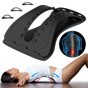 A black back stretcher device, Back Magic, shown with three adjustable arch levels. A person lies on their back on the device, demonstrating how it helps stretch the spine. The product includes acupressure points for back pain relief, with an illustration of a highlighted spine to emphasise pain reduction.