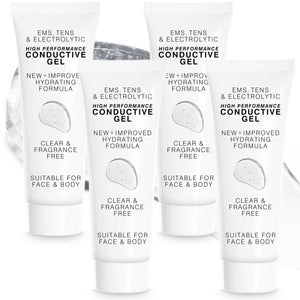 Four upright tubes of EMS, TENS, Electrolytic and Micro-Current Toning Conductive Gel (4 x 85ml) for face and body are clear, fragrance-free, hydrating, and ideal for device gel treatments—displayed on a light background.