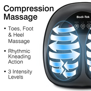Close-up of the Foot-Therapy 3 in 1 Massager showing labeled features: shiatsu, toe, foot & heel massage, rhythmic kneading, and 3 intensity levels. Blue arrows highlight its circulation-boosting effect in the foot wells.