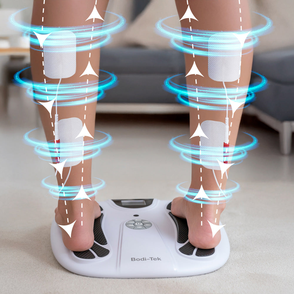 TENS electrode pads being used with Bodi-Tek CIRCULATION PLUS REVIVE PRO