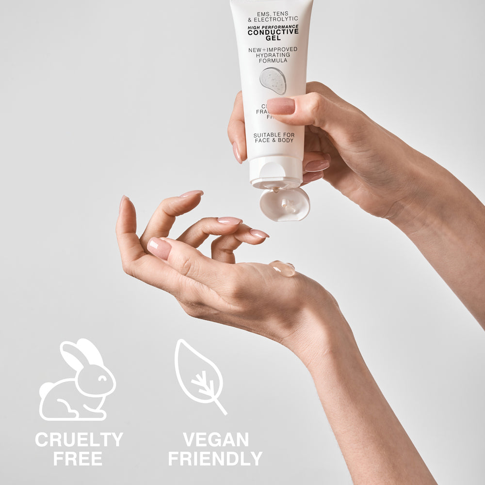 A person dispenses EMS, TENS & Micro-Current Toning Conductive Gel 85ml, labeled for face and body. Icons show it's cruelty free (rabbit) and vegan friendly (leaf). Ideal for EMS or micro-current device use.