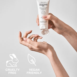 A person dispenses EMS, TENS & Micro-Current Toning Conductive Gel 85ml, labeled for face and body. Icons show it's cruelty free (rabbit) and vegan friendly (leaf). Ideal for EMS or micro-current device use.
