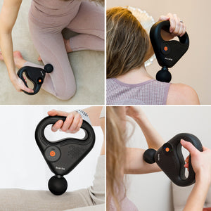 A person uses the SPORTS PERCUSSION MASSAGE GUN WITH LATERAL ACTION BELT, a black, triangular handheld device with a ball attachment, to massage their thigh, upper back, arm, and shoulder for muscle recovery.