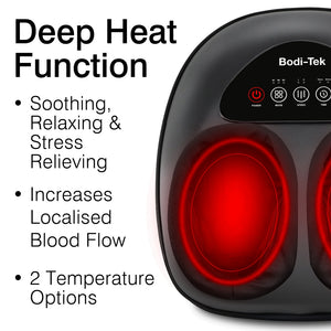Close-up of the Foot-Therapy 3 in 1 Massager with glowing red lights showing its heating function. Text highlights deep heat benefits: soothes, relaxes, improves circulation, and features two temperature settings.