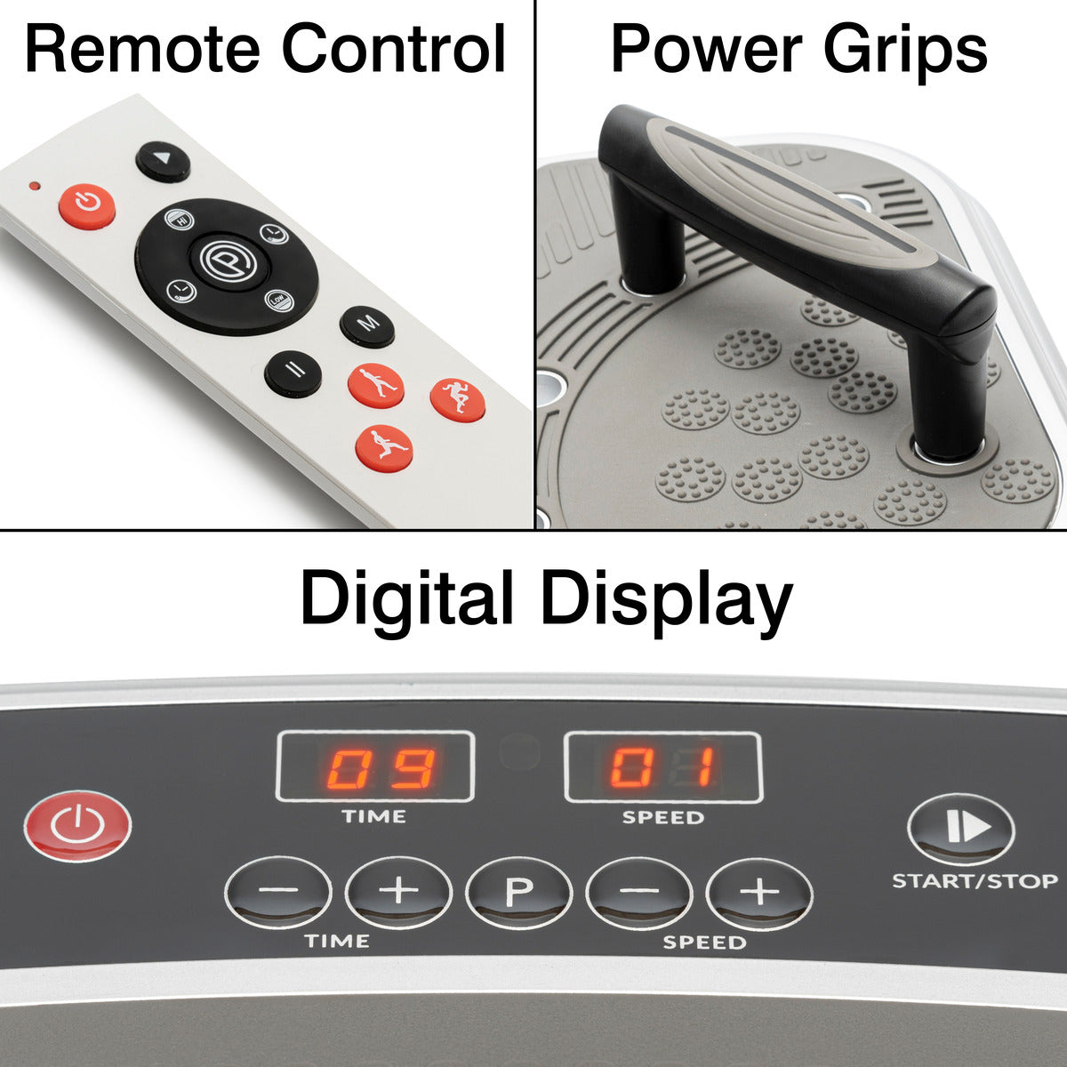 Collage featuring a remote, the Vibration Plate Exerciser Pro with textured platform, black Power Grips for vibration workouts to tone muscles and burn fat, plus a digital display panel with buttons and red LED time/speed settings.