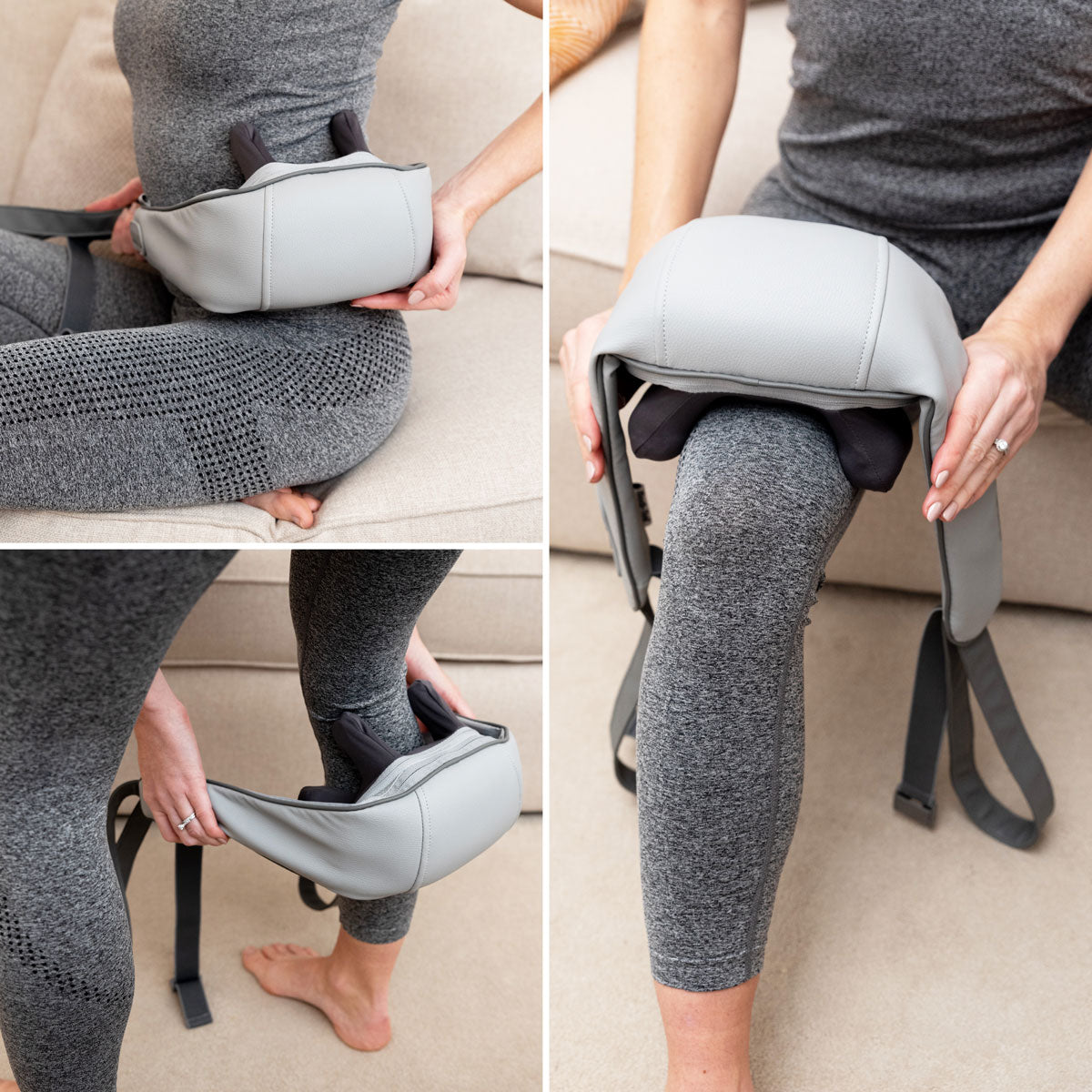 A person in grey activewear demonstrates how to use the Ona Neck & Shoulder Massager in three steps: positioning it on the neck and shoulders, adjusting the straps, and turning it on while seated for targeted relief.