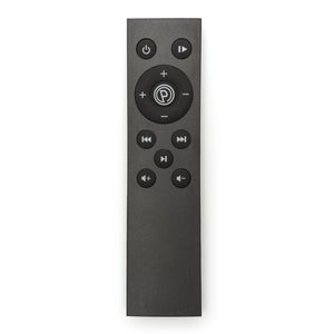 A black rectangular remote control with power, play/pause, arrows, volume, and navigation buttons—designed for adjusting the Whole Body Vibration Training Exercise Plate during your full body workout—shown on a white background.