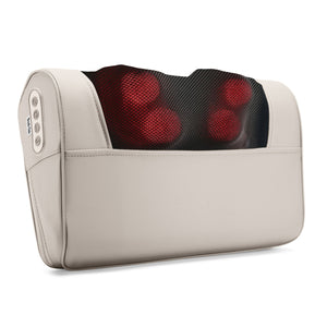 The Bodi-Tek Nordic Relief Shiatsu Massager in beige has black mesh, four glowing red rotating massage nodes for deep tissue relief, side control buttons, and is ideal for neck and back massage.