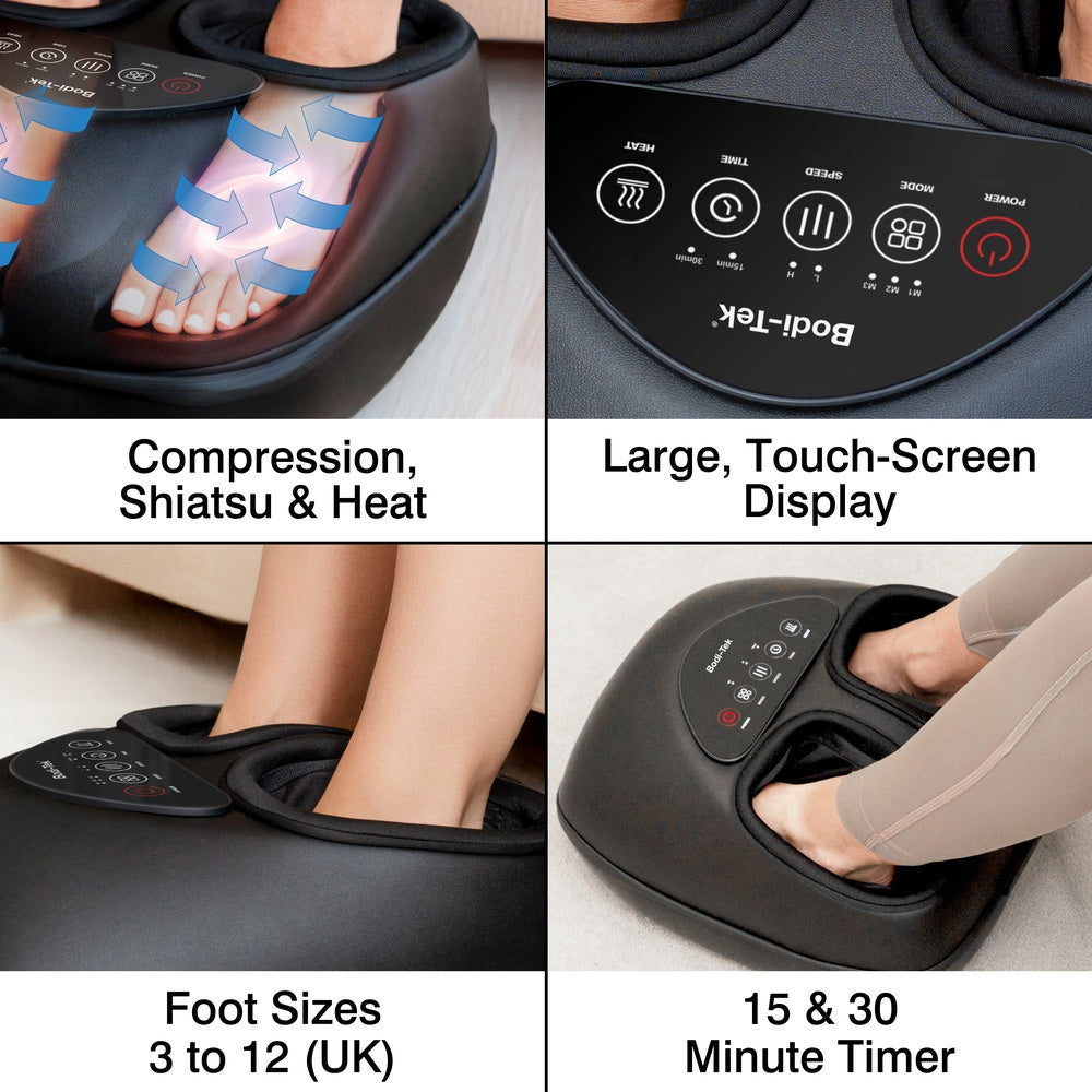 A collage features the Foot-Therapy 3 in 1 Massager, offering compression, heat therapy, Shiatsu massage, a large touchscreen display, fits UK sizes 3–12, and includes 15- or 30-minute timer options.