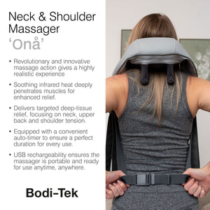 A woman enjoys deep tissue relief at home with the Ona Neck & Shoulder Massager, wearing it over her shoulders while standing. Key features like infrared heat are displayed on the image’s left side.