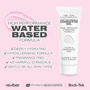 A white tube of EMS, TENS & Micro-Current Toning Conductive Gel 85ml with text: "Water-based, deeply hydrating, hypoallergenic, fragrance free, no harmful chemicals, gentle on all skin types." Reviber, The Beauty Specialists & Bodi-Tek logos below.