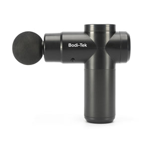 The Hot & Cold Deep Tissue Massager Gun, a black handheld device with a rounded attachment, is shown against a plain white background—perfect for effective muscle recovery.