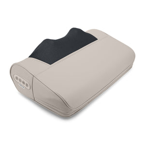 The Bodi-Tek Nordic Relief Shiatsu Massager features a beige and black design, mesh top, side control buttons, and an ergonomic curved shape to deliver deep tissue neck and back massages.