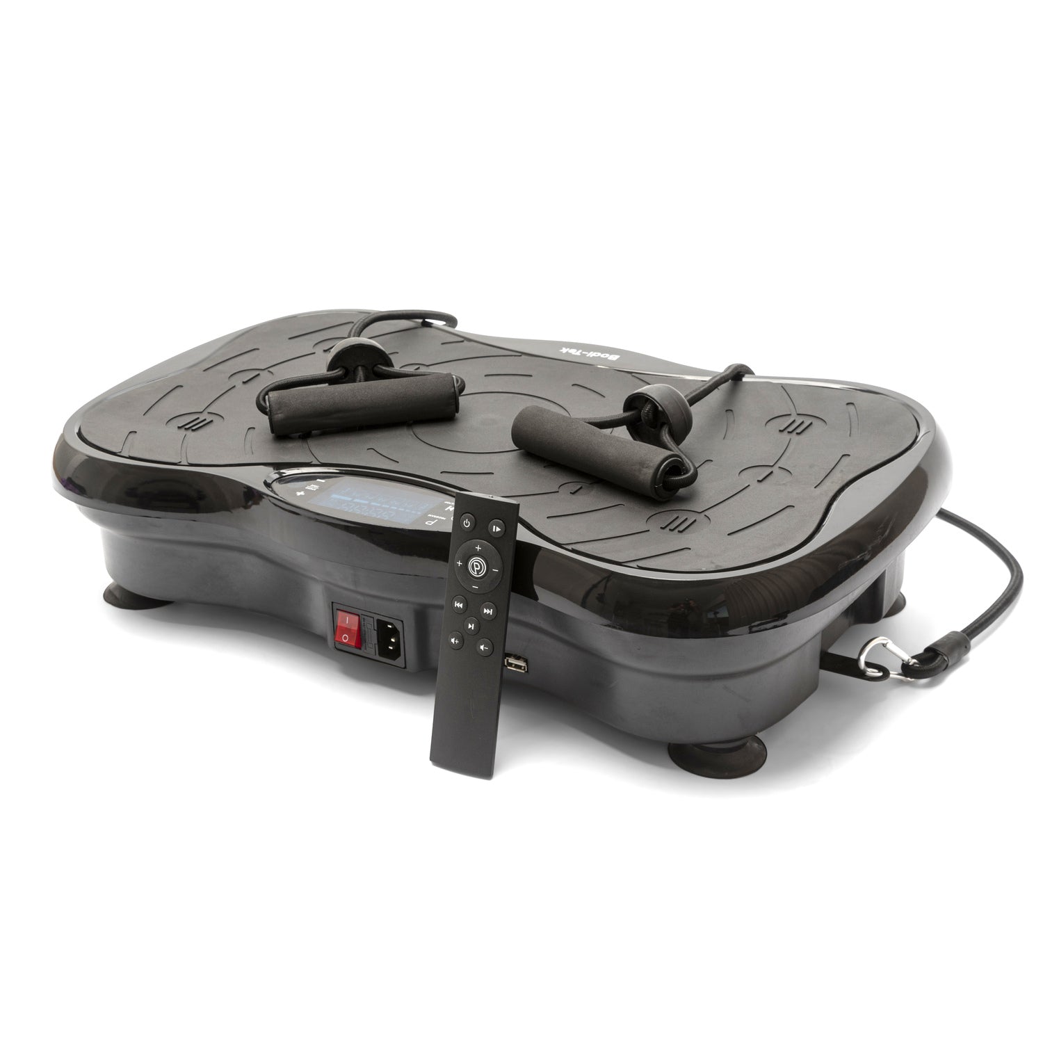 The Whole Body Vibration Training Exercise Plate in black, shown with resistance bands and remote on a white background, is ideal for a full body workout and offers whole body vibration benefits.