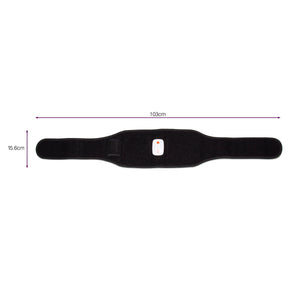 The Smart Fitness EMS Muscle Toning Belt is a black, adjustable waist toner with a small white rectangular device in the center, measuring 103 cm long and 15.6 cm wide, shown laid flat on a white background.