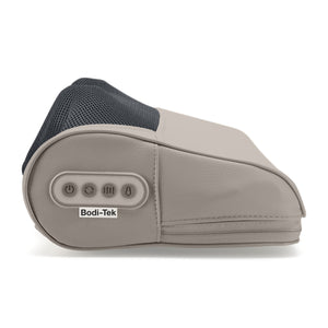 A close-up side view of the Bodi-Tek Nordic Relief Shiatsu Massager in beige and black, highlighting control buttons for power and settings on the side panel.