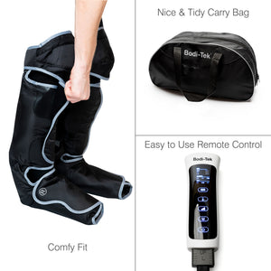 Three images: an arm pulling on Comfort360° Air Compression Half Leg Massager Boot sleeves, a black Bodi-Tek carry bag, and a white remote control with buttons for massage programs.