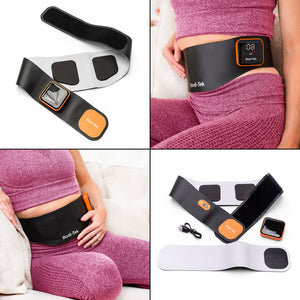 A collage features the Ab & Back Muscle Strengthener with heat: close-ups of the black and orange belt, the device worn on a womans midsection over pink leggings, plus its accessories like a charging cable.
